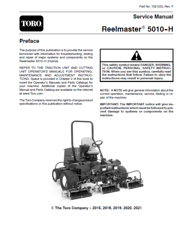 Toro Reelmaster 5010-H Service Repair Manual Workshop Guide