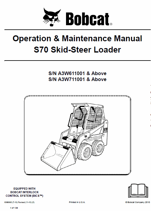 Bobcat S70 Skid-Steer Loader Service Manual Workshop Guide