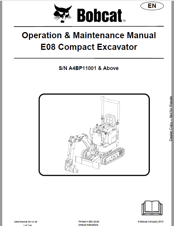 Bobcat E08 Excavator Repair Service Manual