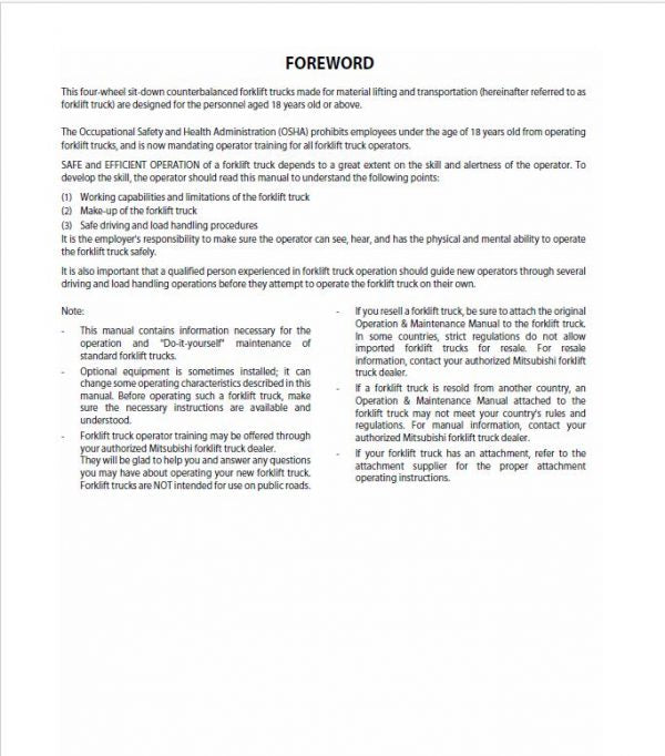 Mitsubishi FD70M Forklift Lift Truck Service Manual