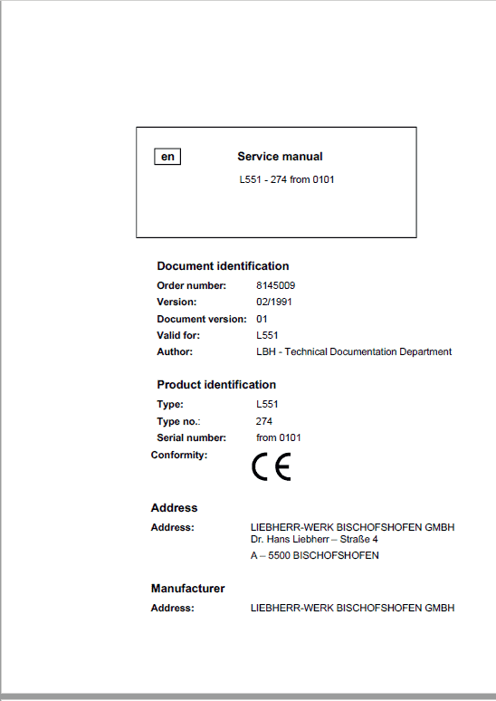 Liebherr L551 Wheel Loader Service Manual