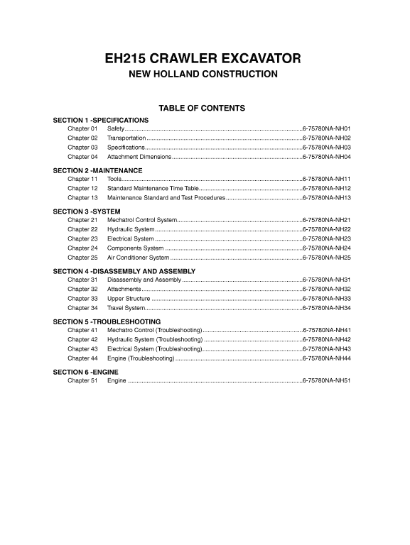 New Holland EH215 Crawler Excavator Service Manual Workshop Guide