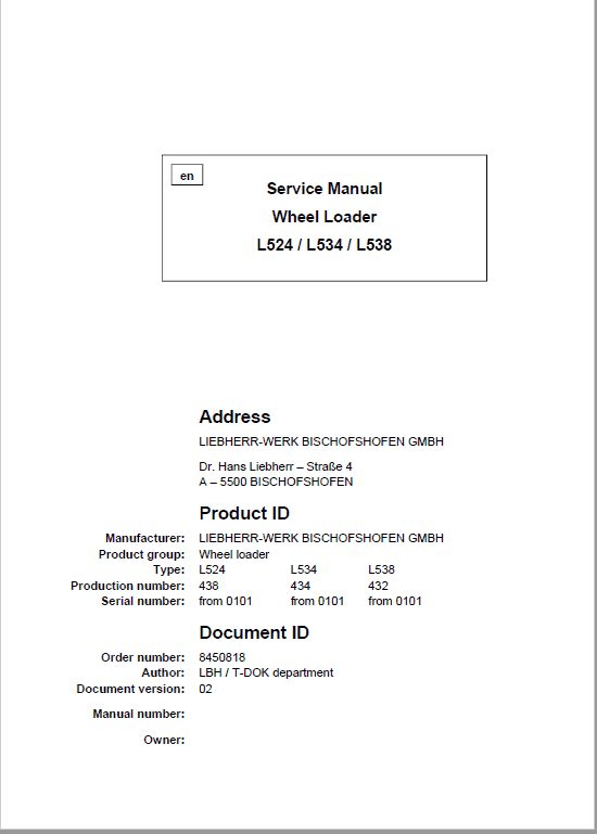 Liebherr L524, L534, L538 Wheel Loader Service Manual