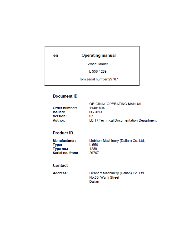 Liebherr L556 Type 1289 Wheel Loader Service Manual