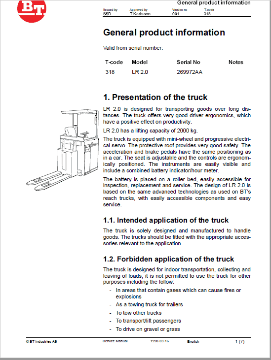 BT LR 2.0 Pallet Truck Service Manual