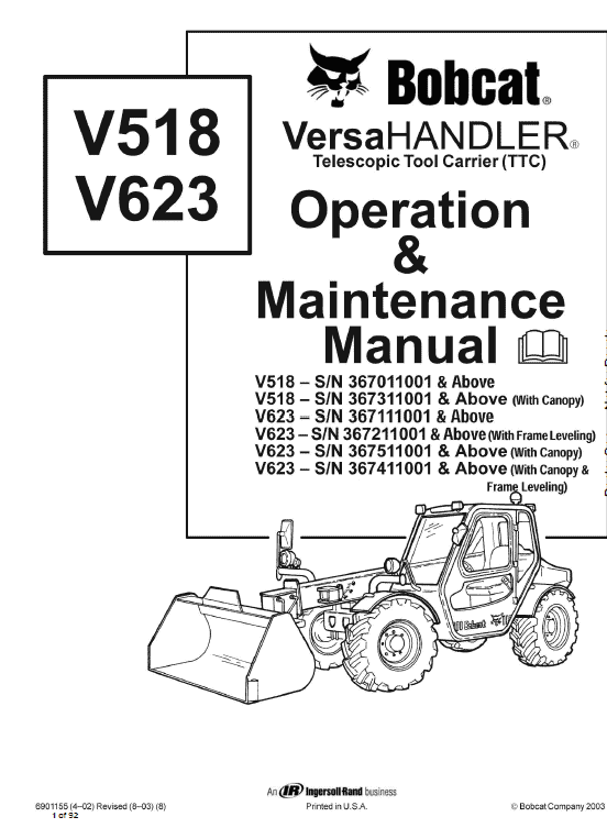 Bobcat V623 VersaHANDLER Telescopic Service Manual Workshop Guide