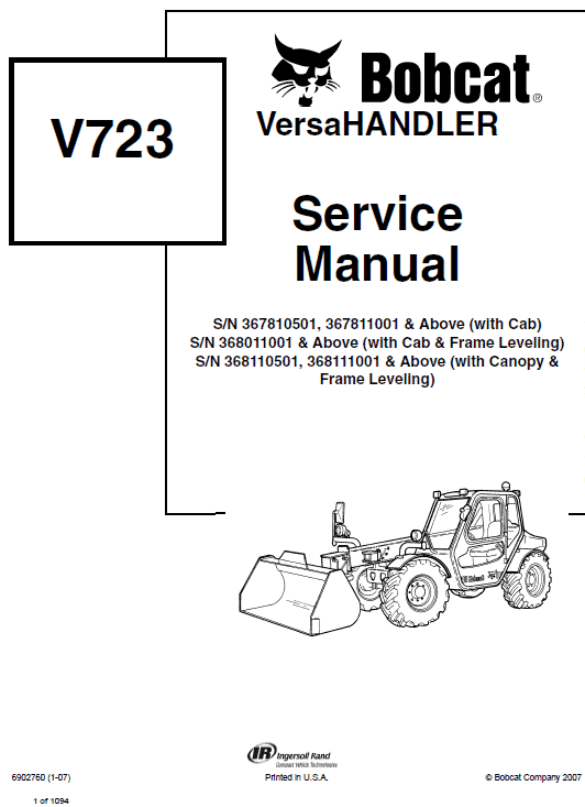 Bobcat V723 VersaHANDLER Telescopic Service Repair Manual Workshop Guide