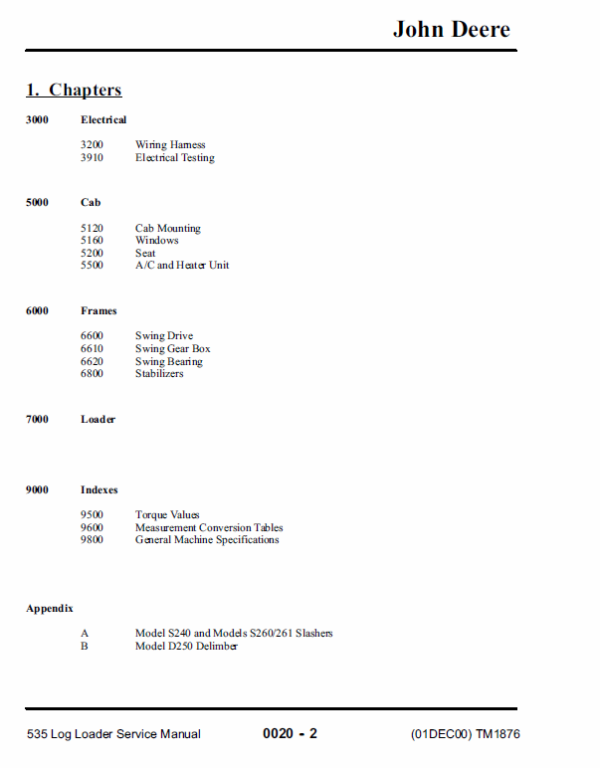 John Deere 535 Log Loader Repair Technical Manual (SN between 001001 – 001043) Workshop Guide