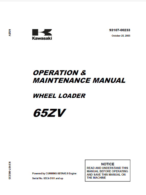 Kawasaki 65ZV, 65TMV Wheel Loader Repair Service Manual