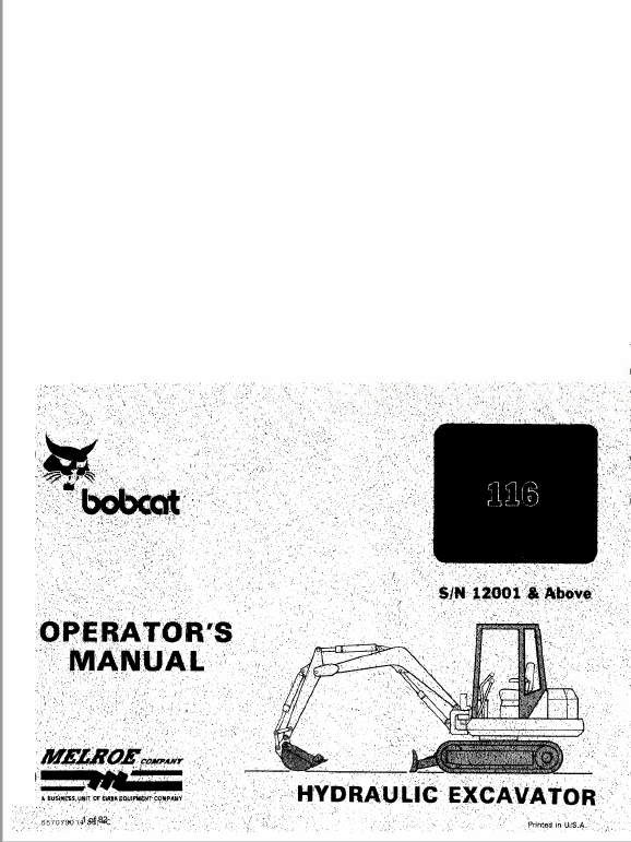 Bobcat 116 Excavator Service Manual Workshop Guide