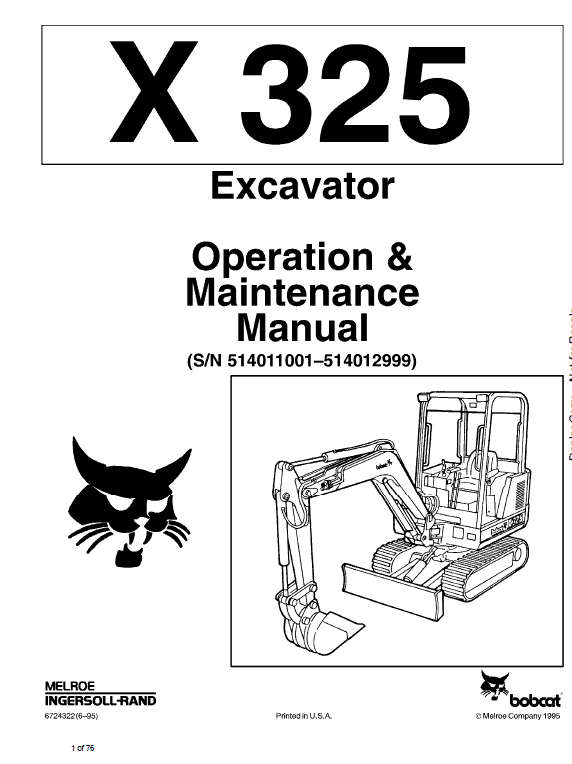 Bobcat X325 and X328 Excavator Service Manual Workshop Guide