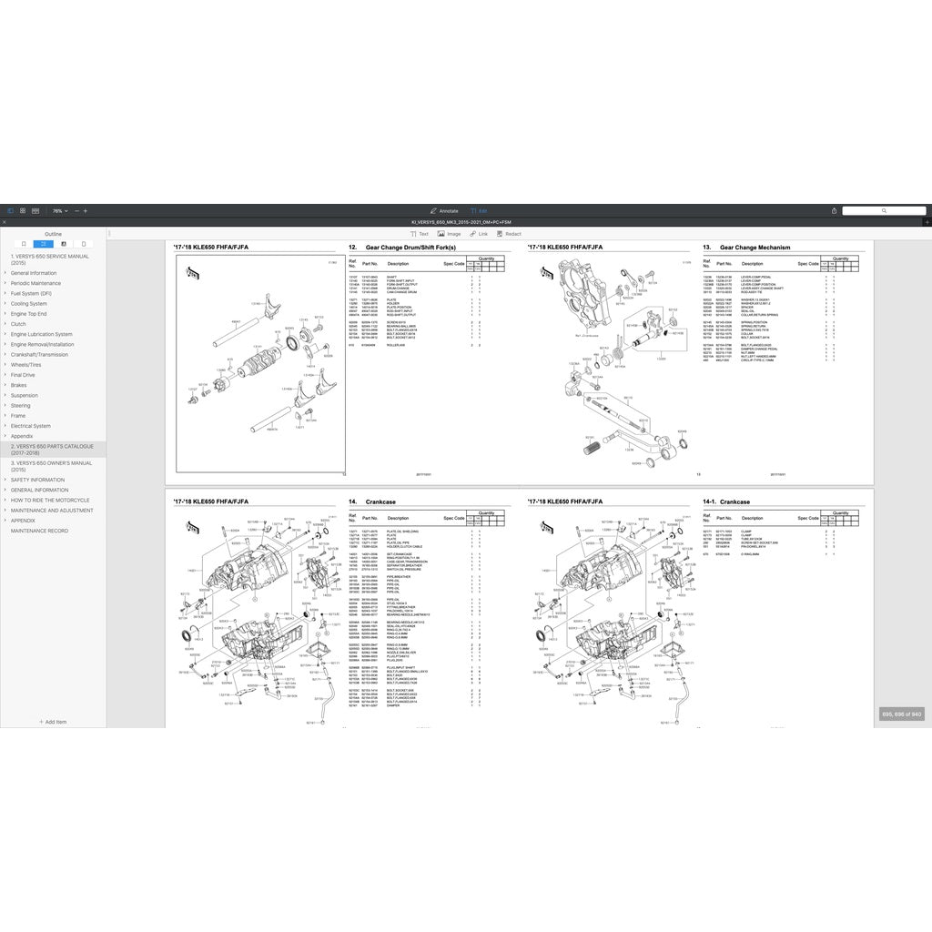 KAWASAKI VERSYS KLE 650 2015+ Full Manual Set – Repair & Maintenance Manualand Spare Parts Catalog and User Handbook