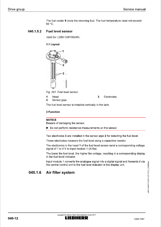 Liebherr L550 Type 1287 Wheel Loader Service Manual