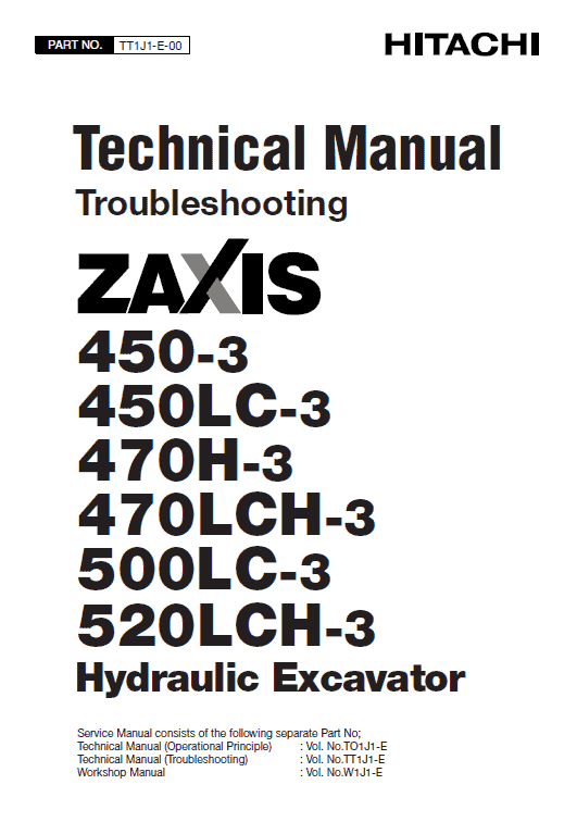 Hitachi ZX450-3, ZX470LCH-3 and ZX520LCH-3 Excavator Service Repair Manual Workshop Guide
