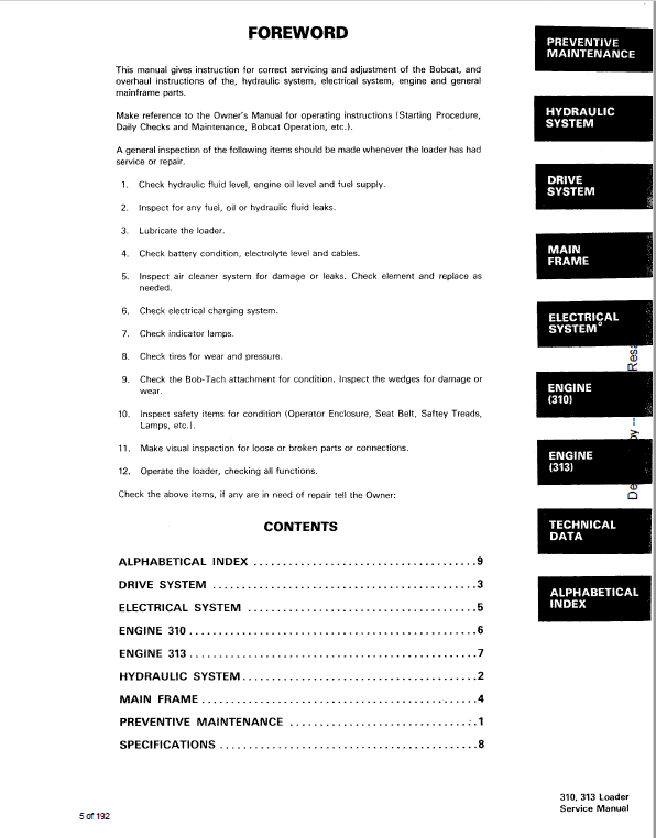 Bobcat 310 and 313 Skidsteer Loader Service Manual Workshop Guide
