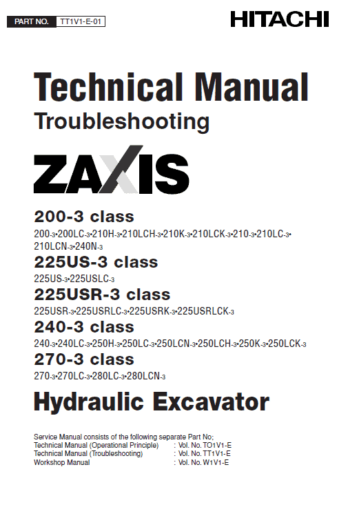 Hitachi ZAXIS ZX200-3, ZX240-3 and ZX270-3 Excavator Repair Manual Workshop Guide