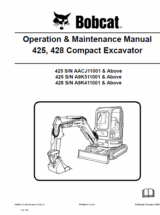 Bobcat 425 and 428 Compact Excavator Service Manual Workshop Guide