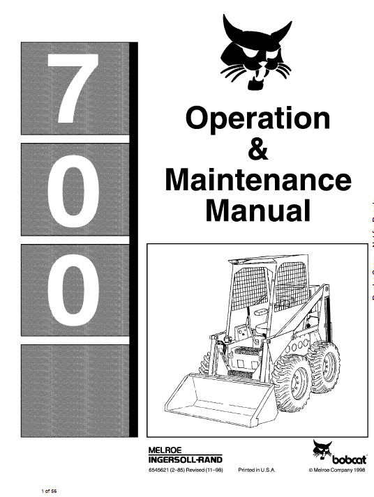 Bobcat 700, 720, 721 and 722 Skid-Steer Loader Service Manual Workshop Guide