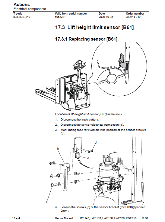 BT LWE140, LWE160, LWE180, LWE200, LWE250 Pallet Truck Manual