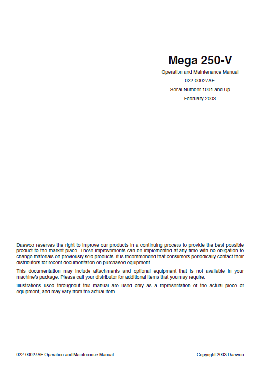 Doosan M250-V Wheel Loader Service Manual Workshop Guide