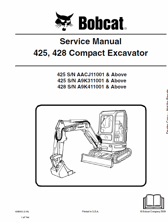 Bobcat 425 and 428 Compact Excavator Service Manual Workshop Guide