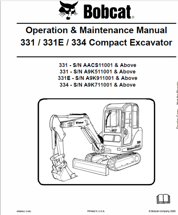 Bobcat 331, 331E and 334 Excavator Service Manual Workshop Guide