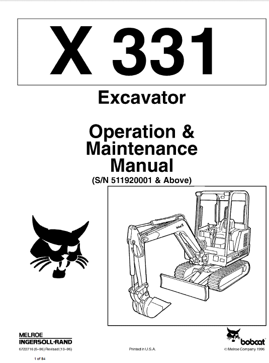 Bobcat X331, X331E and X334 Excavator Service Repair Manual Workshop Guide