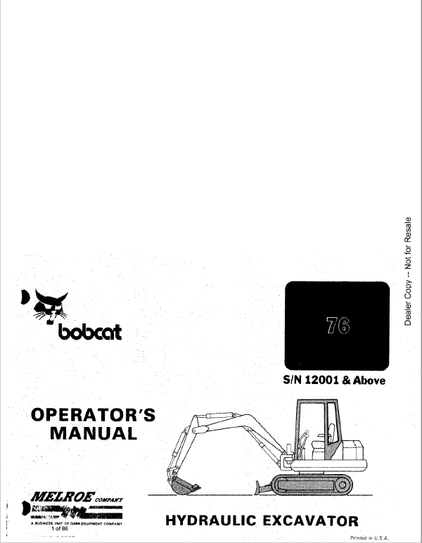 Bobcat X56 and X76 Excavator Service Manual Workshop Guide