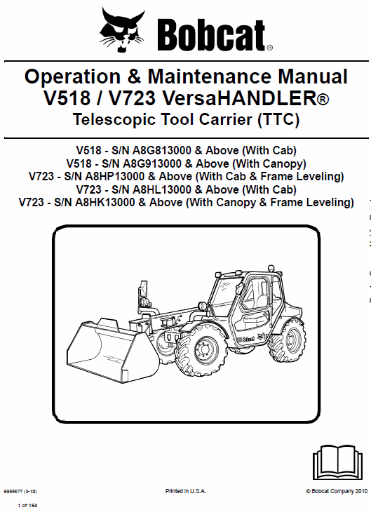 Bobcat V518 VersaHANDLER Telescopic Service Manual Workshop Guide