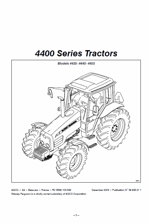 Massey Ferguson 4435, 4445, 4455 Tractor Service Manual Workshop Guide
