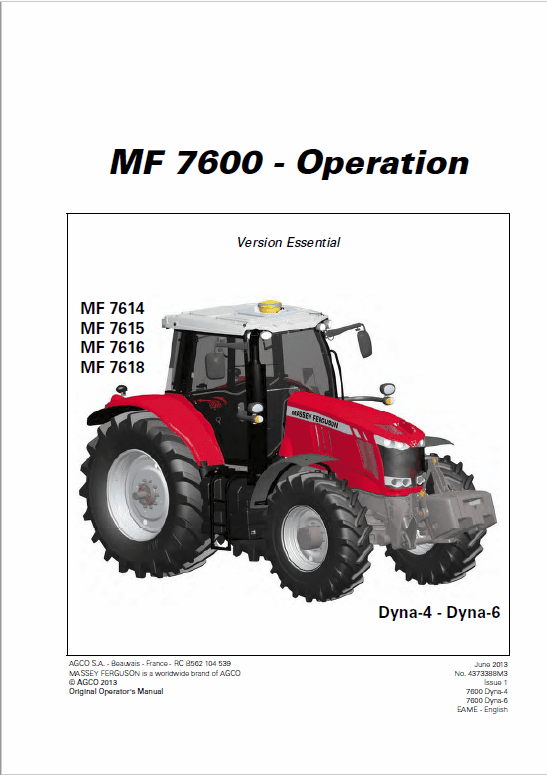 Massey Ferguson 7614, 7615, 7616, 7618 Tractor Service Manual Workshop Guide