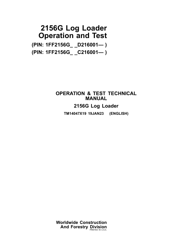 John Deere 2156GLC Log Loader Service Repair Manual (SN after C216001 – & D216001 – ) Workshop Guide