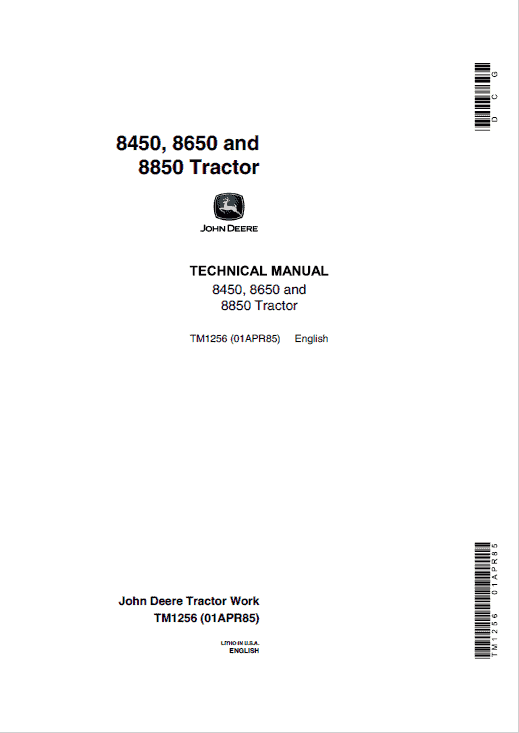 John Deere 8450, 8650 Tractor Repair Technical Manual Workshop Guide