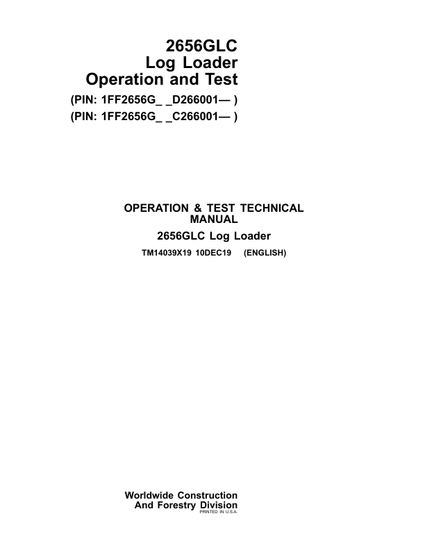 John Deere 2656GLC Log Loader Service Repair Manual (SN after C266001 – & D266001 – ) Workshop Guide