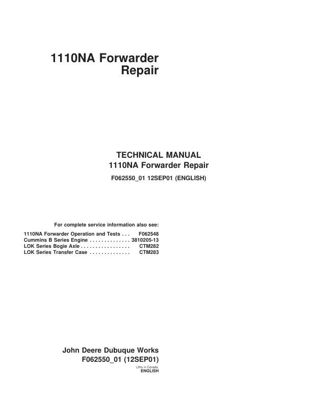 John Deere 1010NA Forwarder Service Repair Manual (TMF062548 & TMF062550) Workshop Guide