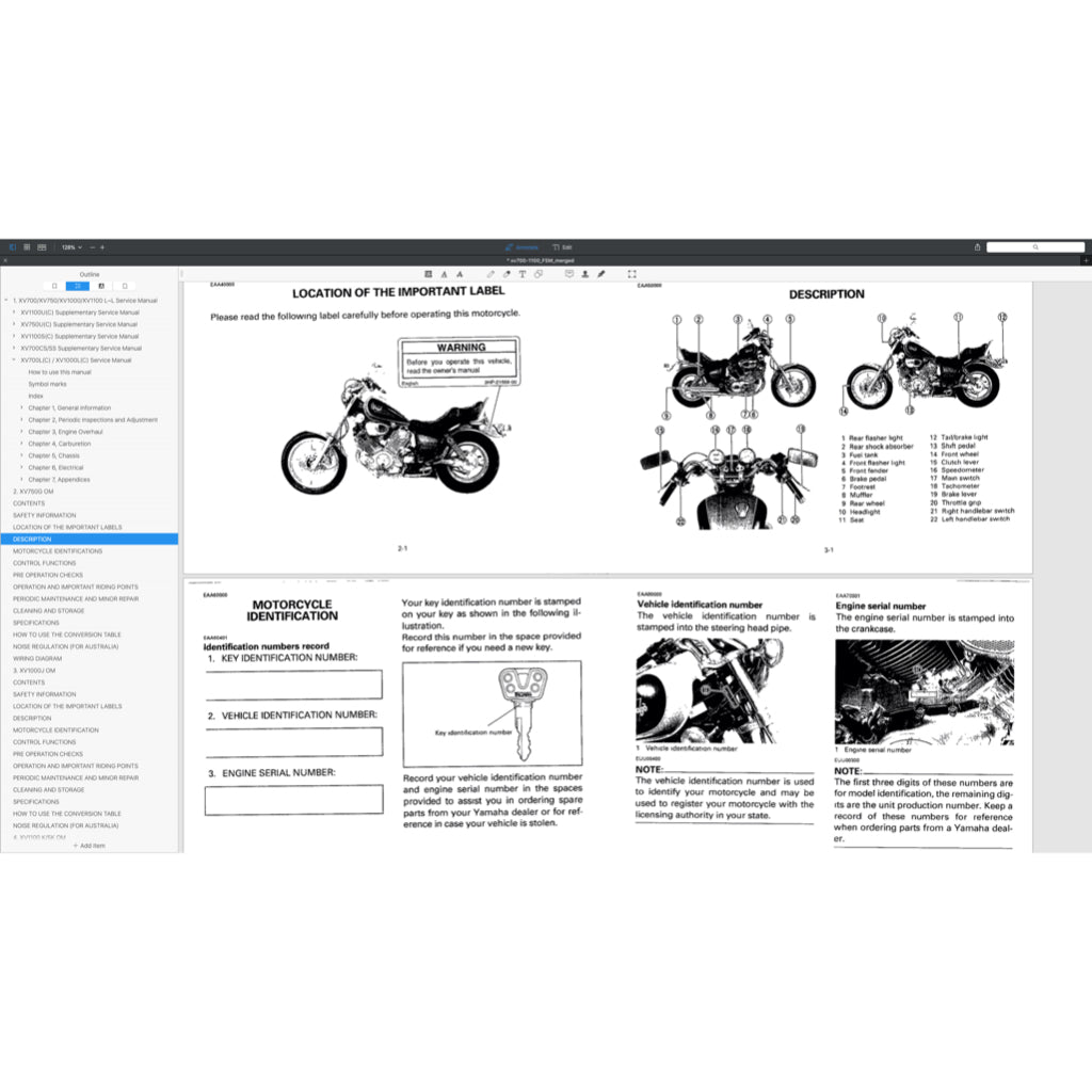 YAMAHA VIRAGO XV 700/750/1000/1100 1985-1999 Full Manual Set – Repair & Maintenance Manual and User Handbook