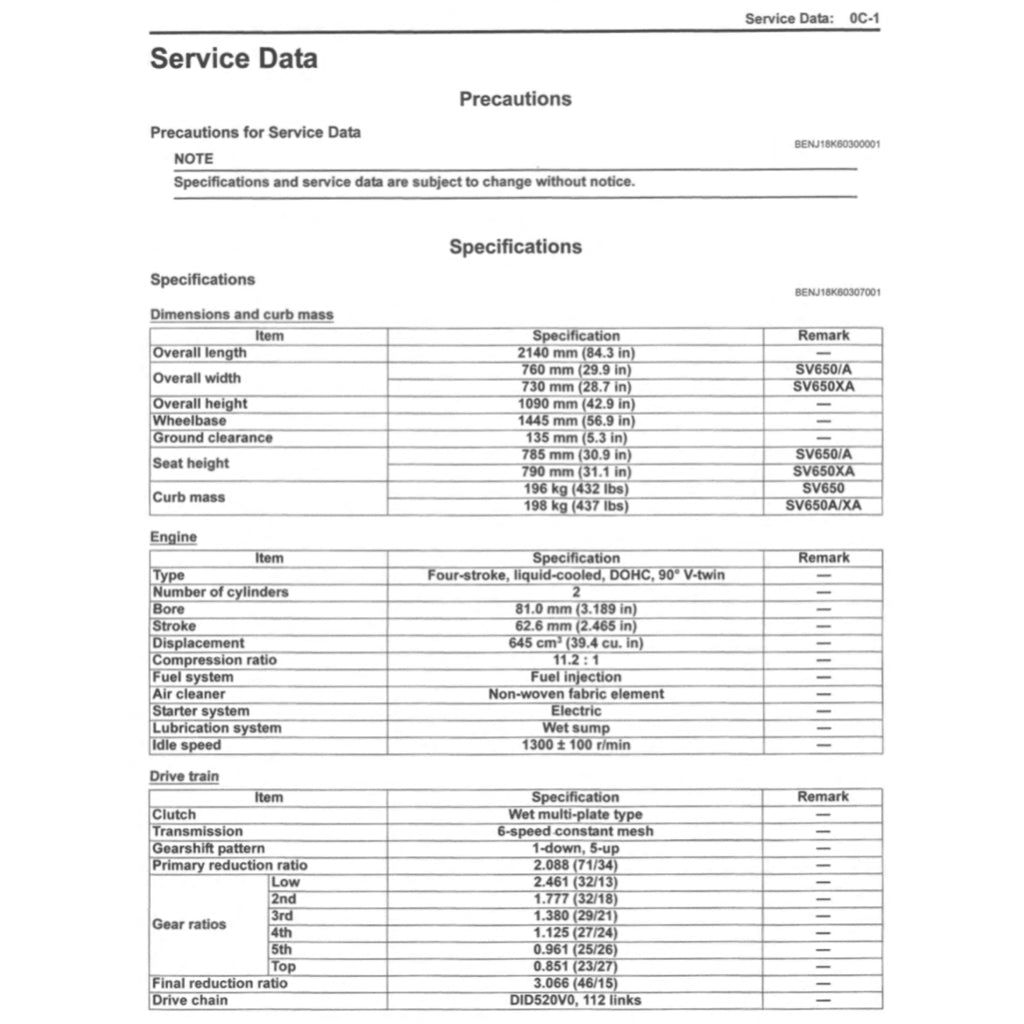 SUZUKI SV650 SV650/A/XA "L7-L9" 2017-2023 Full Manual Set – Repair & Maintenance Manual and Spare Parts Catalog and User Handbook