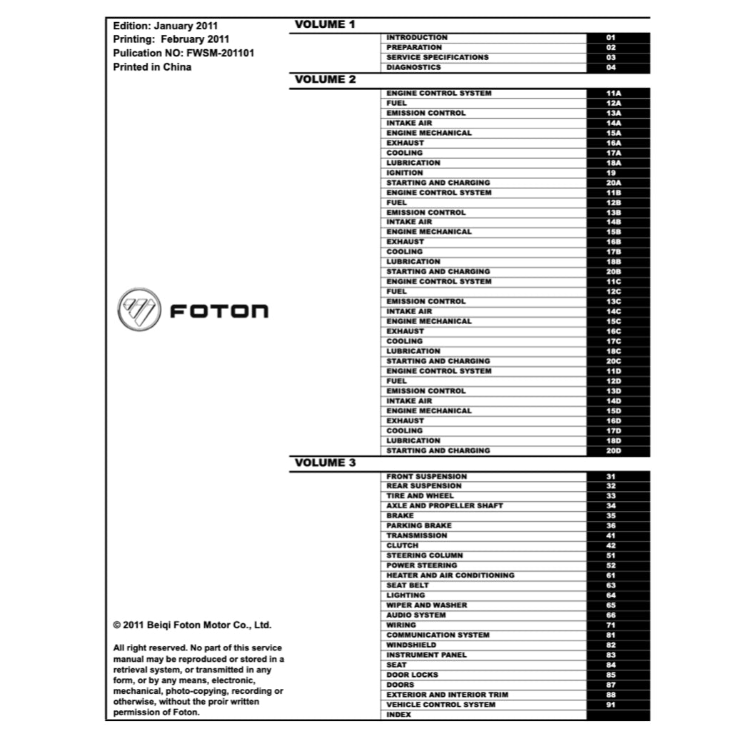 FOTON VIEW C2 2011-2016 Full Manual Set – Repair & Maintenance Manual