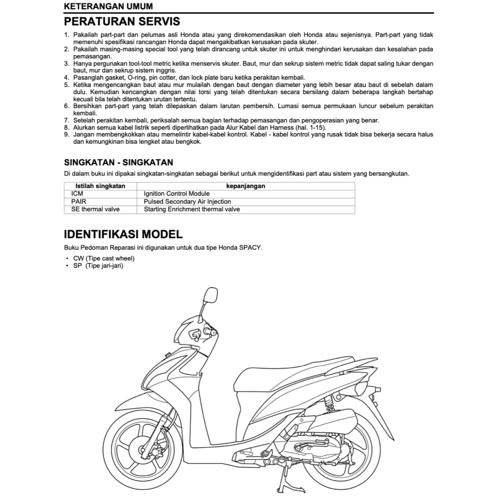 HONDA SPACY 110 NSC110 2011-2018 Full Manual Set – Repair & Maintenance ManualandSpare Parts CatalogandUser Handbook - BAHASA INDONESIA