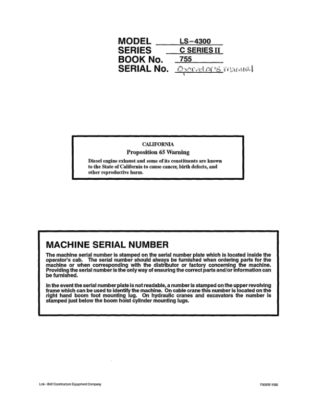 Linkbelt LS 4300 C2 Excavator Service Repair Manual Workshop Guide