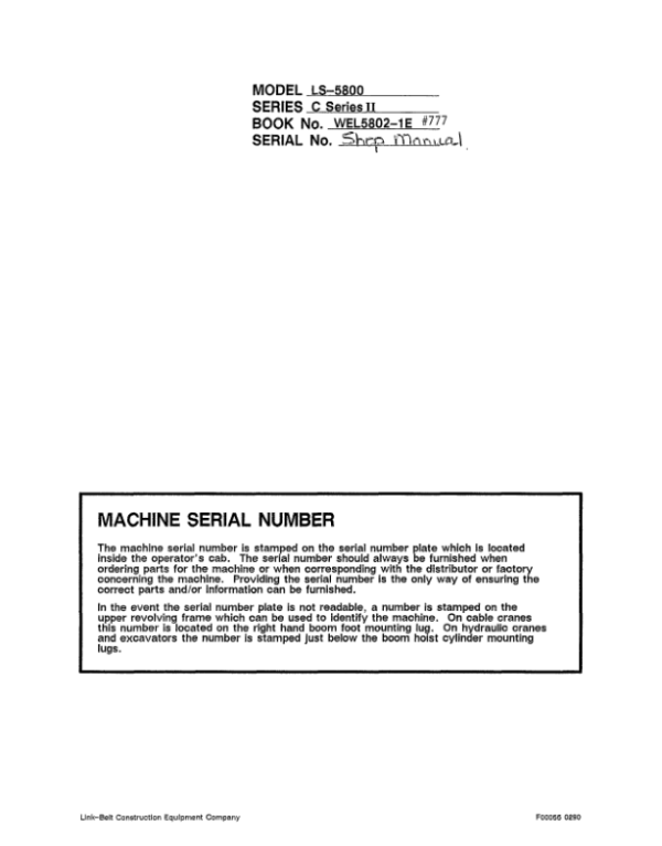 Linkbelt LS-5800 C2 Excavator Service Repair Manual Workshop Guide