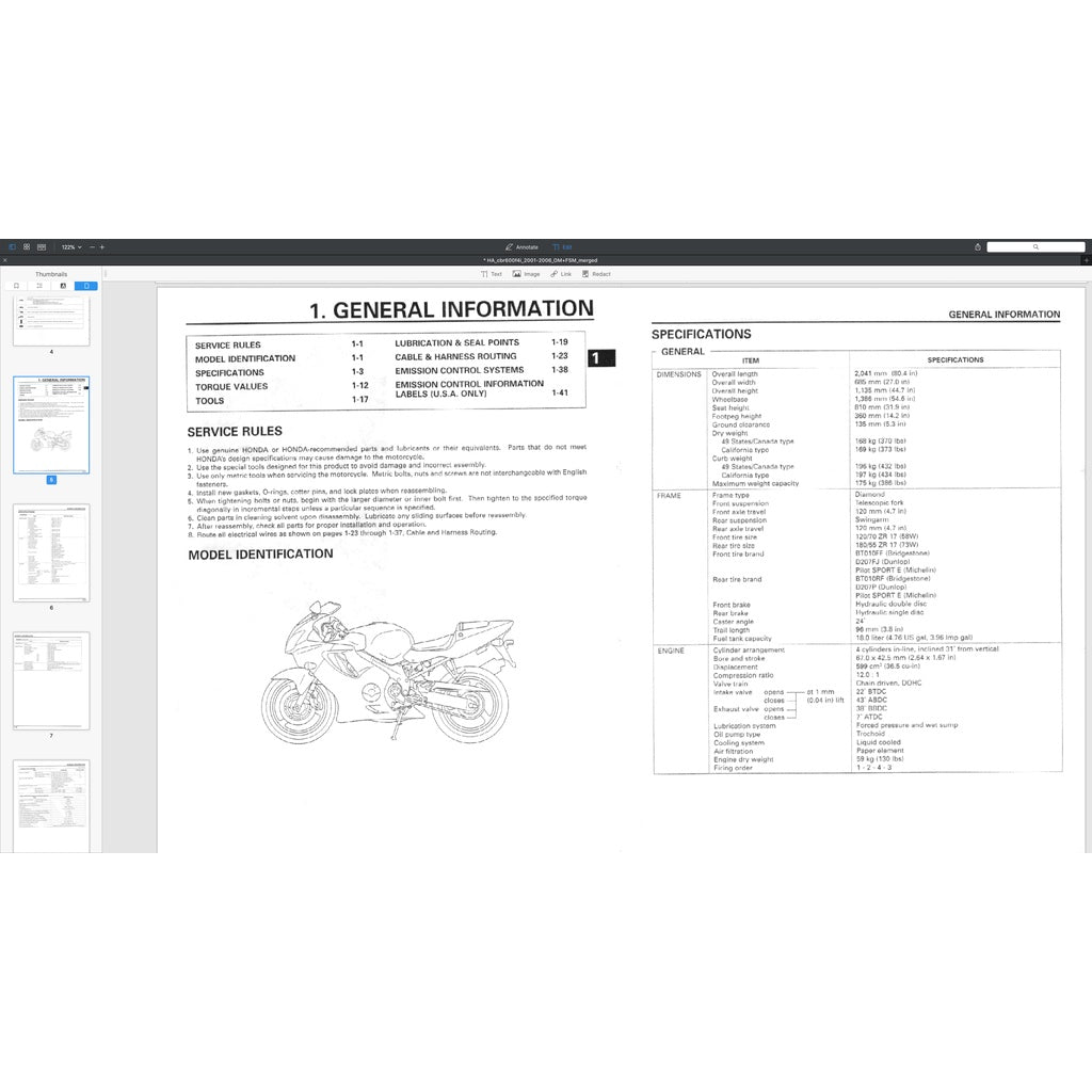 HONDA CBR600F4i 2001-2006 Full Manual Set – Repair & Maintenance Manual and Spare Parts Catalog and User Handbook