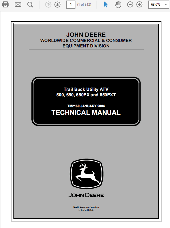 John Deere ATV 650, ATV 650EX, ATV 650EXT Trail Buck Utility Technical Manual Workshop Guide