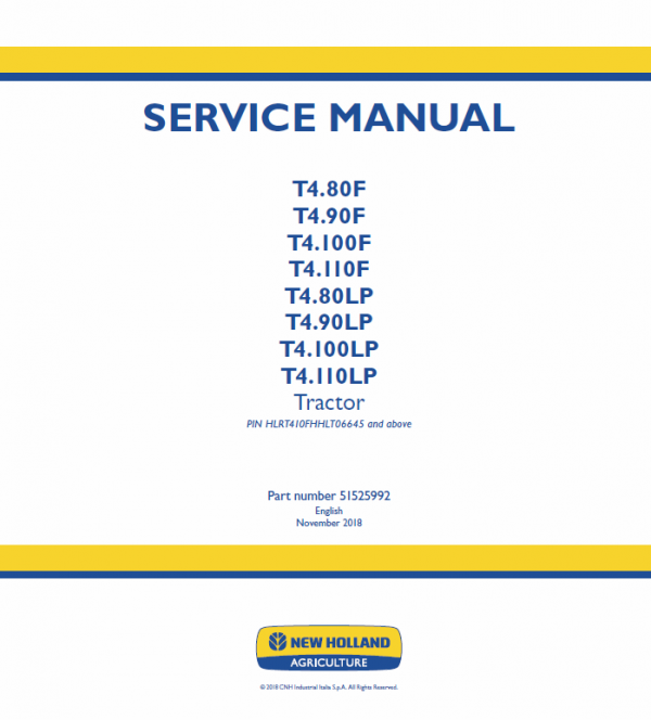 New Holland T4.80F, T4.90F, T4.100F, T4.110F Tractor Service Manual Workshop Guide