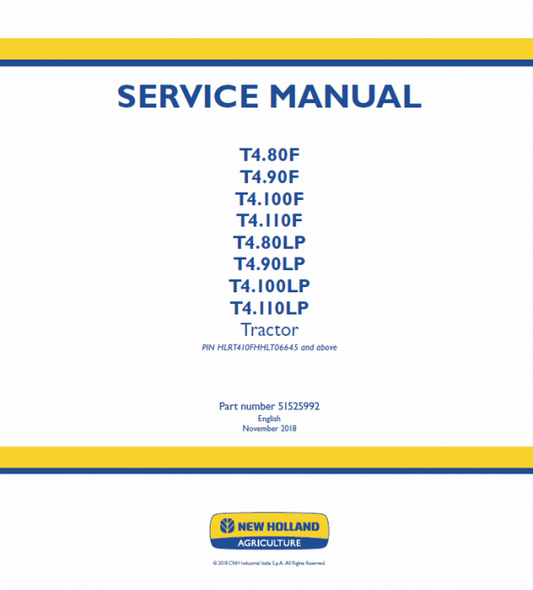 New Holland T4.80F, T4.90F, T4.100F, T4.110F Tractor Service Manual Workshop Guide