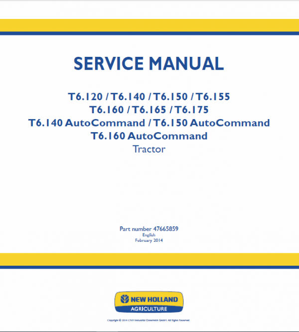 New Holland T6.160, T6.165, T6.175, T6.180 Tractor Service Manual Workshop Guide