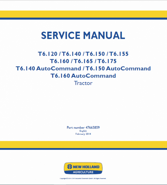 New Holland T6.160, T6.165, T6.175, T6.180 Tractor Service Manual Workshop Guide
