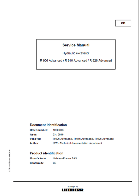 Liebherr R906, R916, R926 Classic & Advance Excavator Service Manual