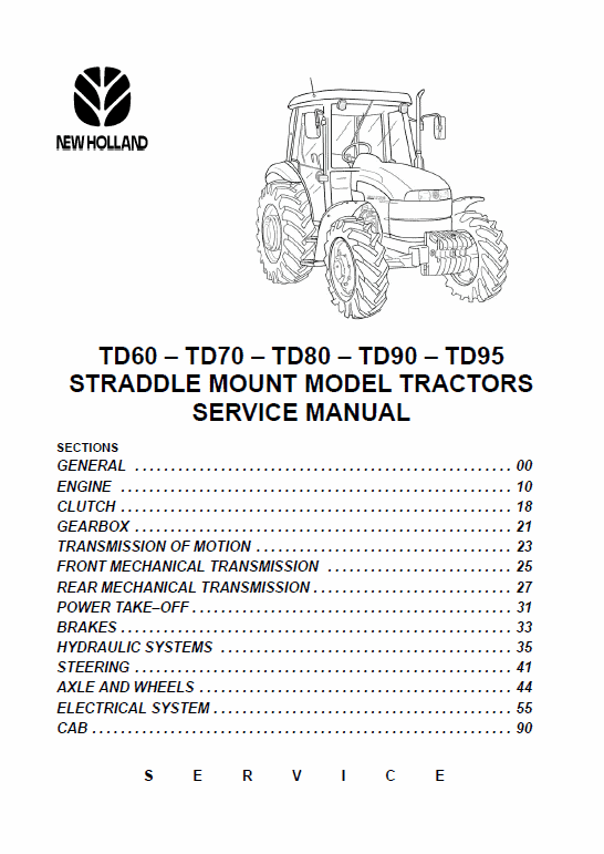 New Holland Straddle TD60, TD70, TD80, TD90, TD95 Tractor Service Manual Workshop Guide