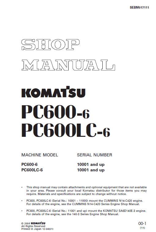 Komatsu PC600-6, PC600LC-6 Excavator Service Manual Workshop Guide
